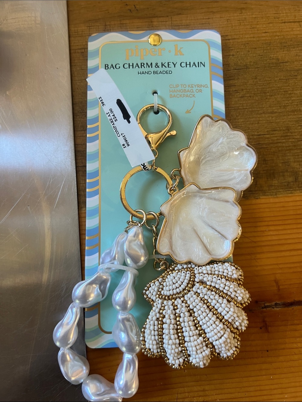 Piper K Gold & White Shell Beaded Bag Charm Key Chain